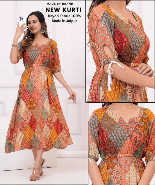 Rayon Printed Anarkali Kurti for Women - Multicolor